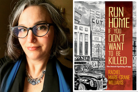 Rachel Marie Crane-Williams and the cover of her book, Run Home if You Don't Want to Be Killed