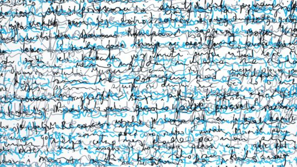 Abstract image that looks like handwriting in blue and black.