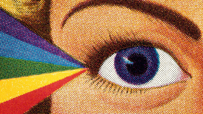 Illustration of eye with rainbow beam at corner