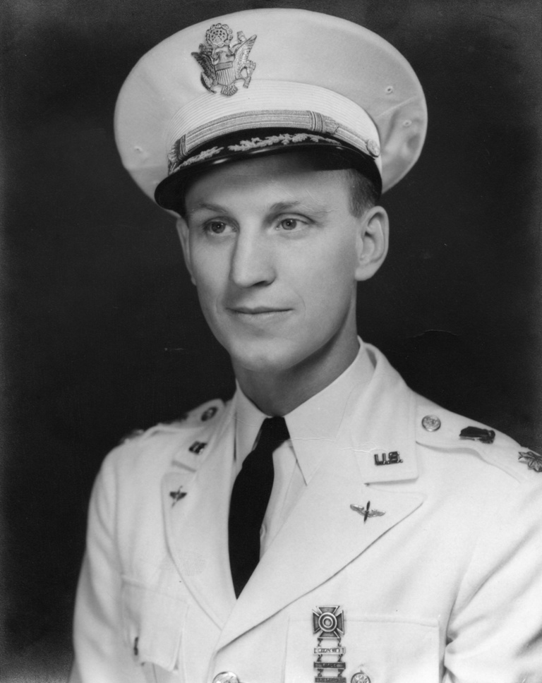 A black & white photo of Esco Obermann in a military uniform.