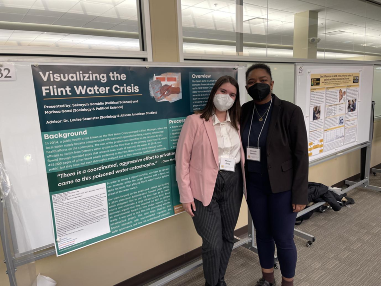 Marissa Good (left) and Selveyah Gamblin (right) at the Student Undergraduate Research Festival, April 2023 (photo by Louise Seamster)