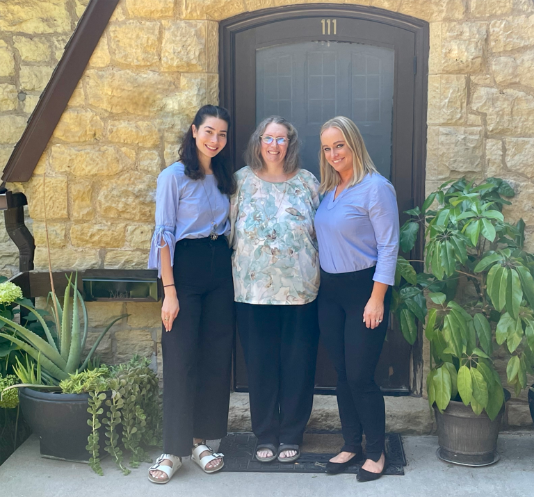 Solange Saxby, Pamela Mulder, Christine Gill standing outside of the UI Obermann Center