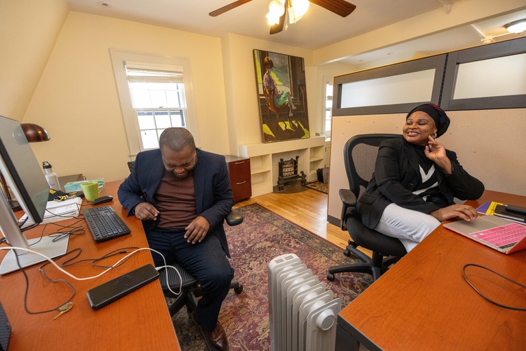 Musa and Rasheeda working at the Obermann Center