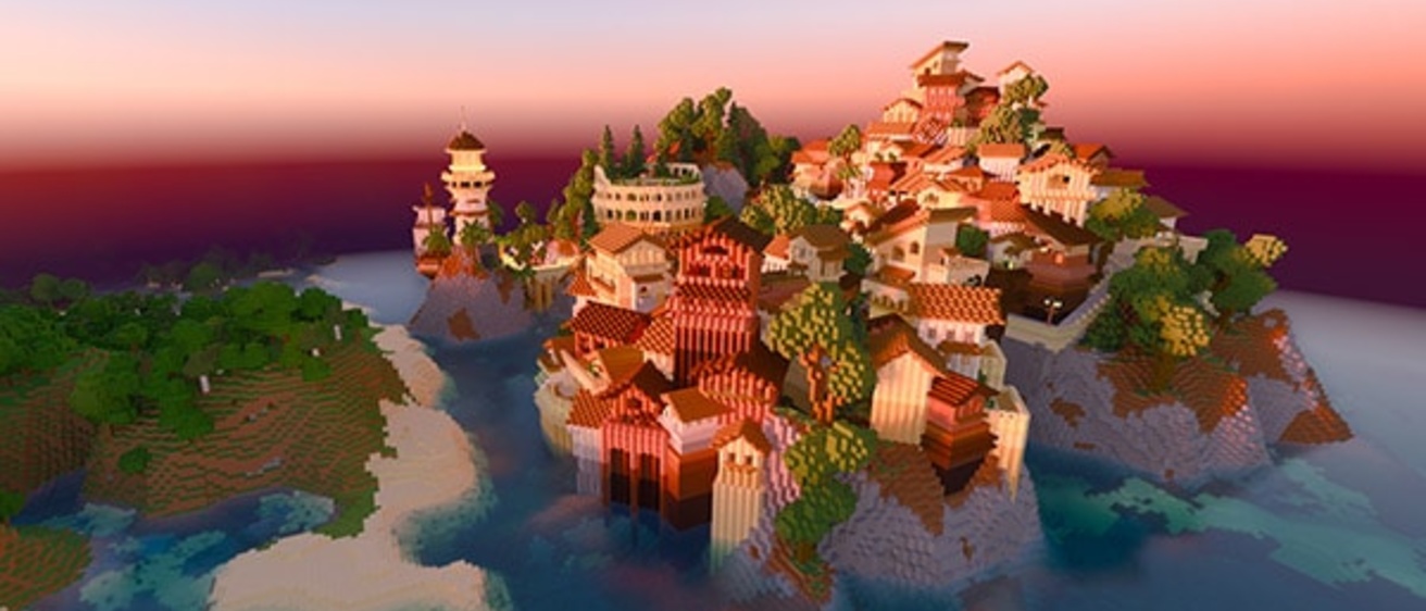 Screenshot of a fantastical world produced in the video game Minecraft. 