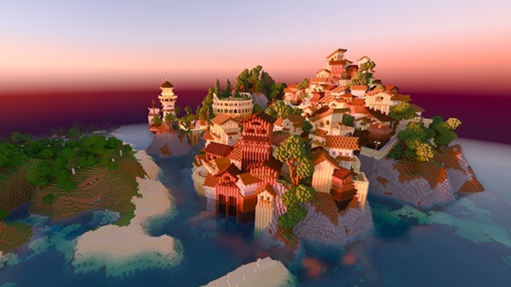 Screenshot of a fantastical world produced in the video game Minecraft. 