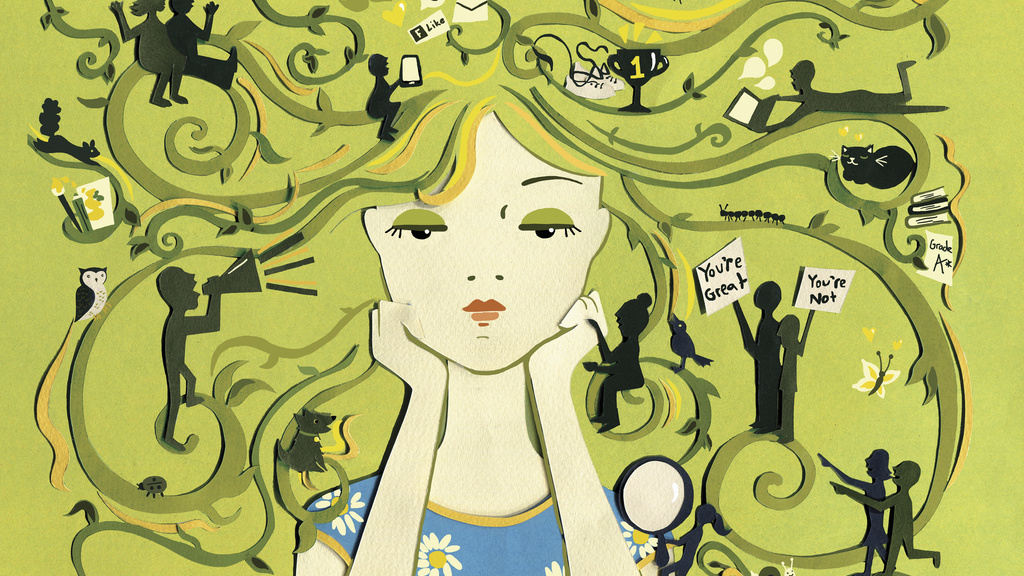 Illustration of adolescent girl with anxious thoughts