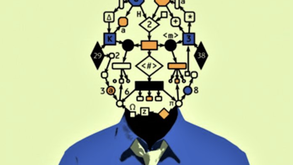 illustration of man with head made of algorithm symbols