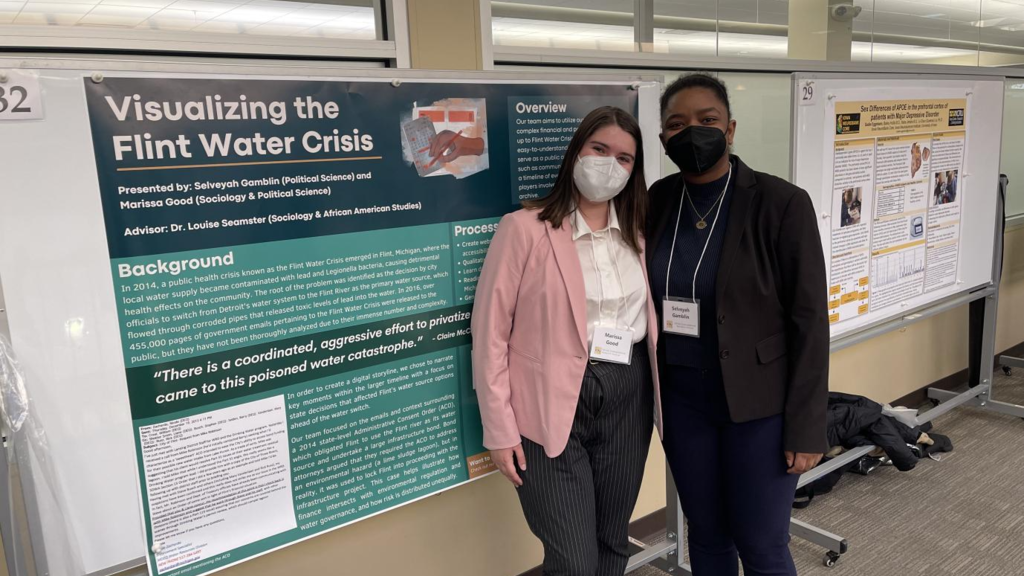 Marissa Good (left) and Selveyah Gamblin (right) at the Student Undergraduate Research Festival, April 2023 (photo by Louise Seamster)